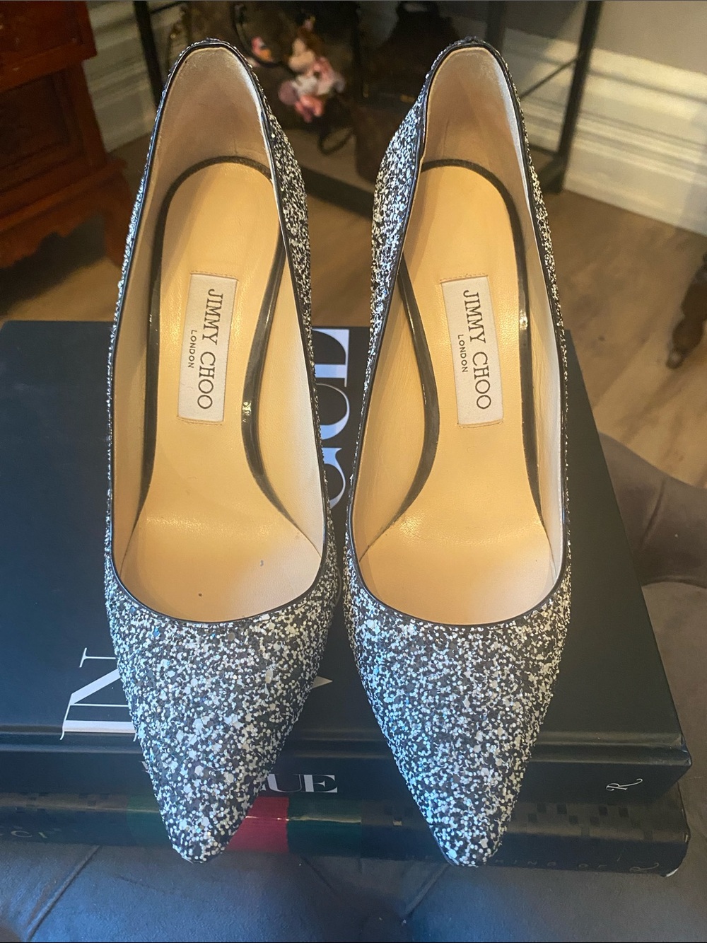 Jimmy Choo Silver Glitter Pointed Pumps